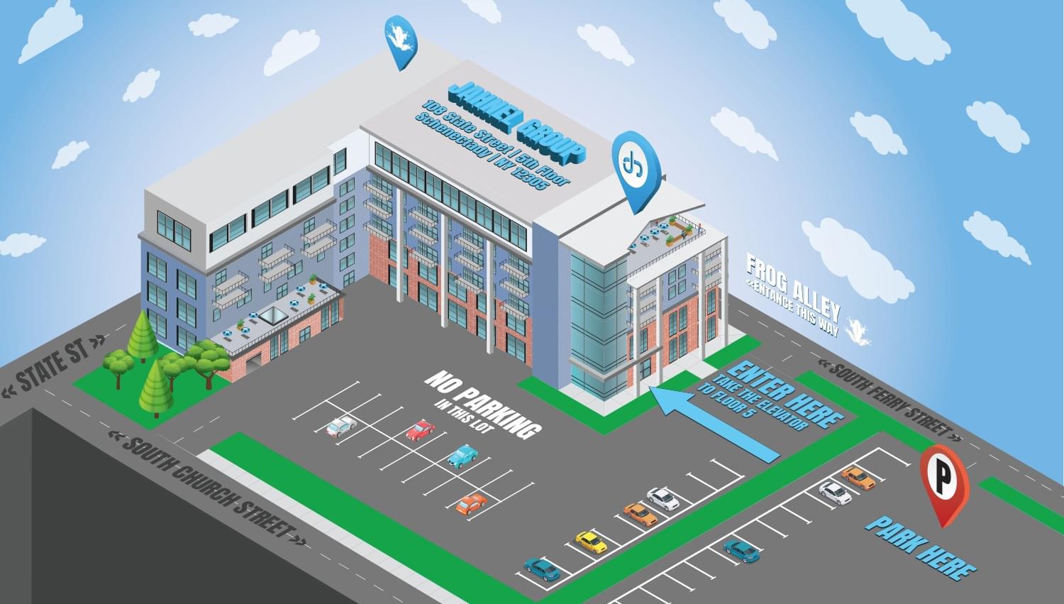 Map showing Frog Alley Brewing on State Street and the Jahnel Group office entrance in the back. Parking lot in the back with entrances from South Ferry Street and South Church Street. Enter the door closest to South Ferry Street and take the elevator to the 5th floor.